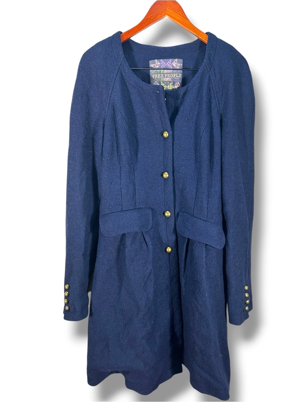 Vintage Free People Navy Bonanza French Terry Long Military Jacket Size M